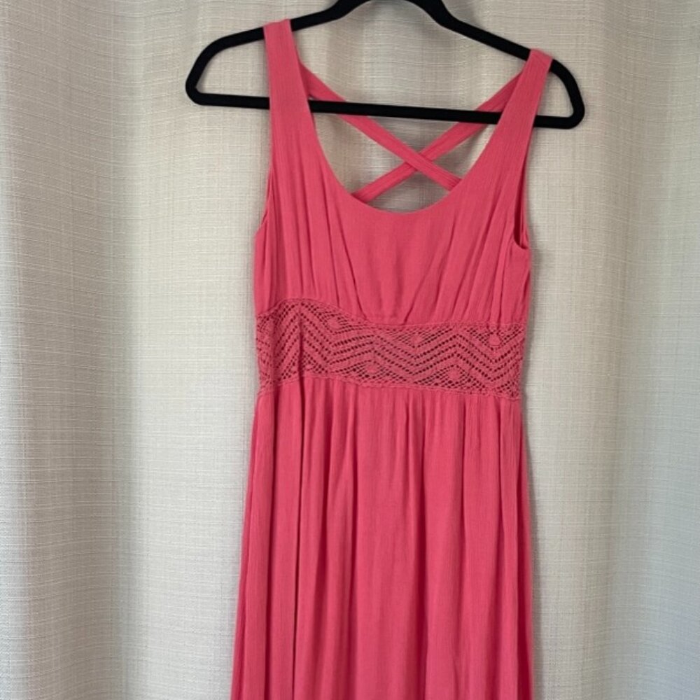 Beachy Pink Flamingo CrissCross Maxi SunDress w/See Through Lace Look Detail